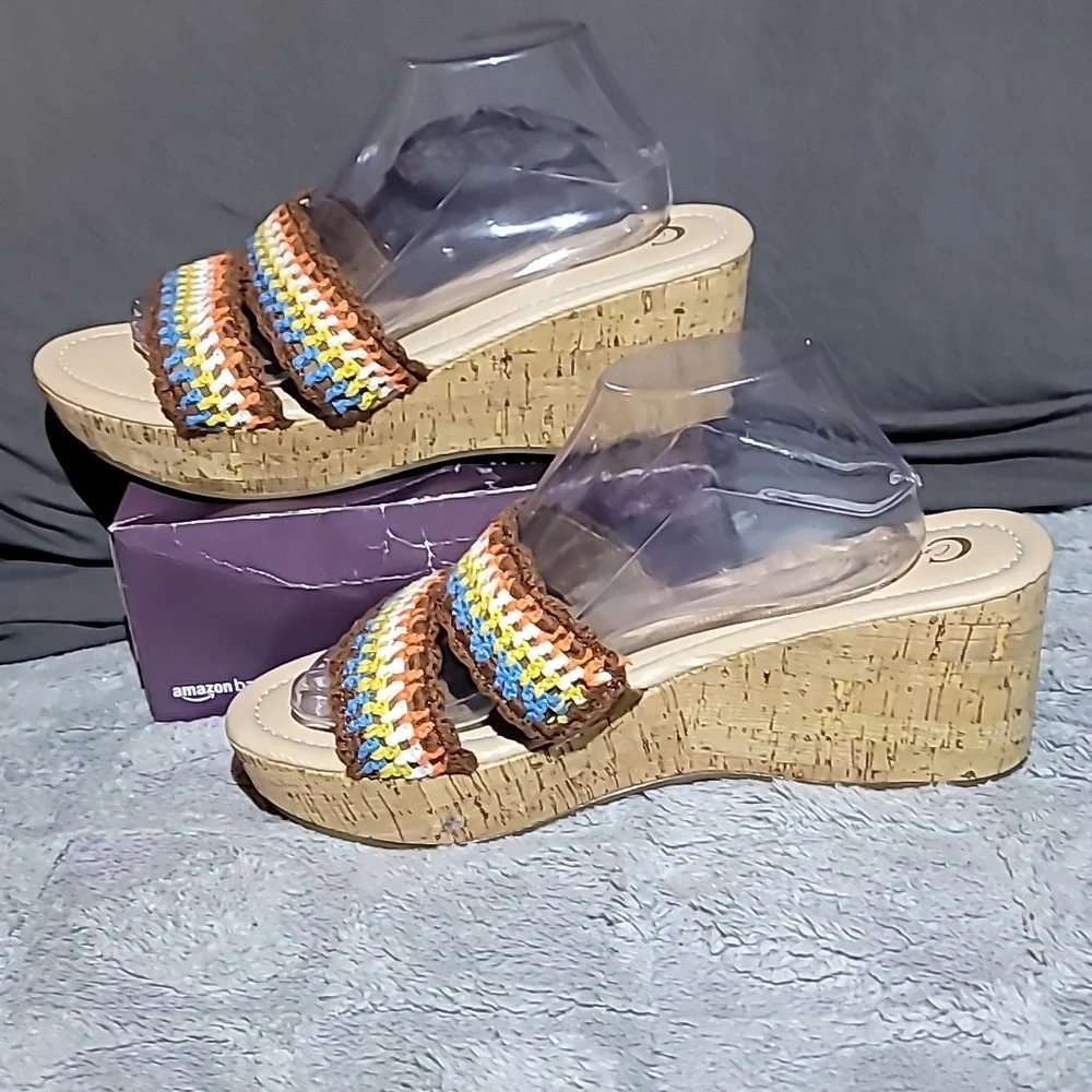 Comfort EST.1946 Crochet Cork Wedge Teal/Brown/Orange/White Cushion Sole Size 11